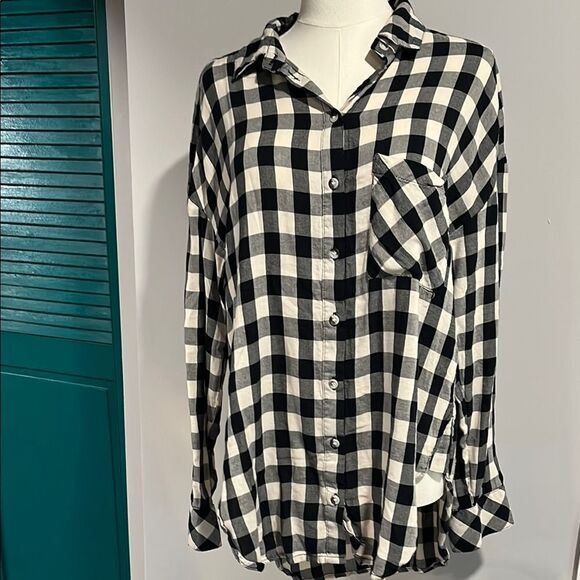 Anthropologie Sanctuary Plaid checkered Button-Up Shirt in Black and White XS - Picture 1 of 7